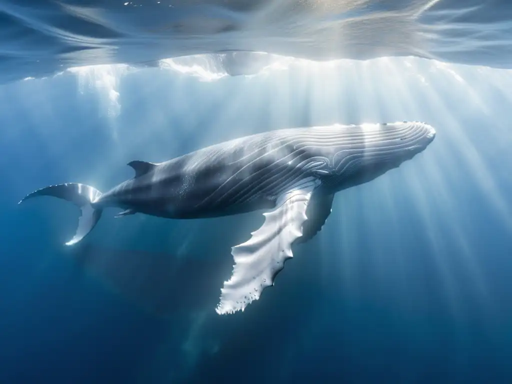 Una majestuosa ballena azul nada grácilmente en el océano, rodeada de vida marina