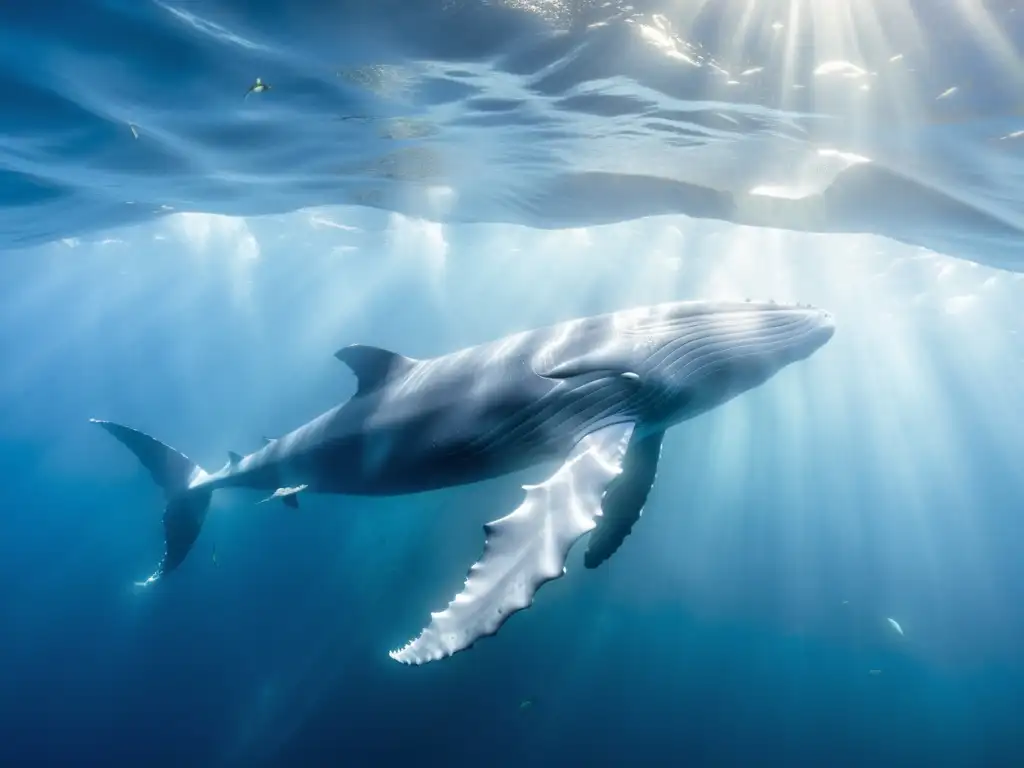 Una majestuosa ballena azul nada grácilmente entre cardúmenes de peces plateados