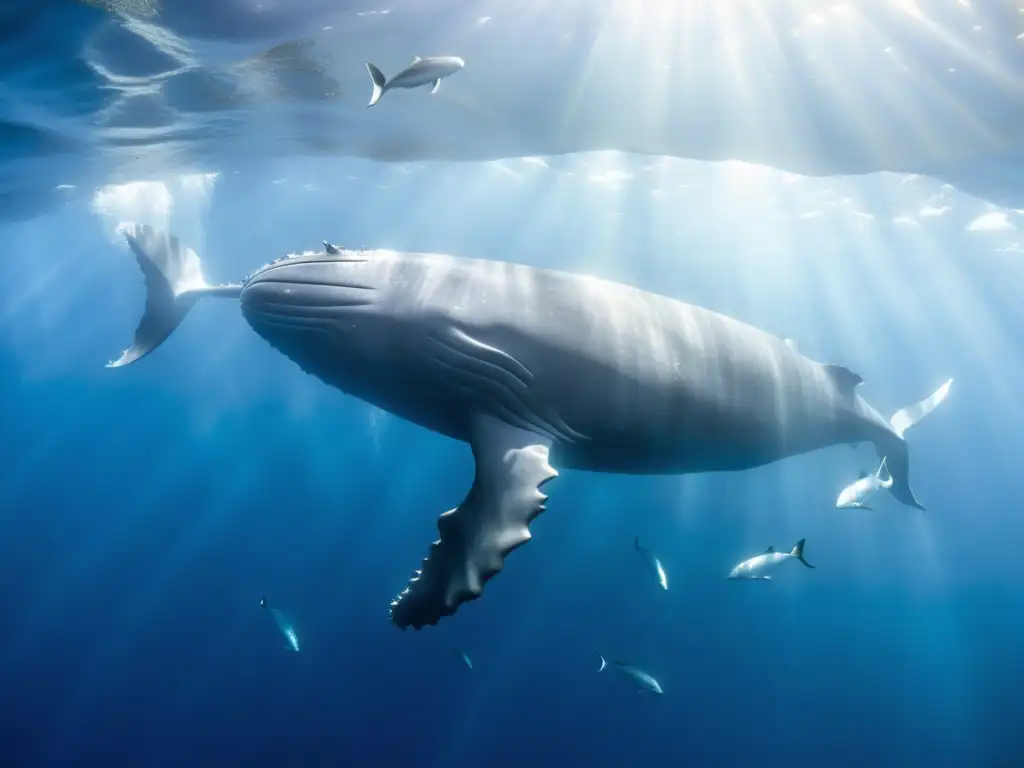 Una majestuosa ballena cachalote surca con gracia las profundidades del océano, rodeada por un cardumen plateado