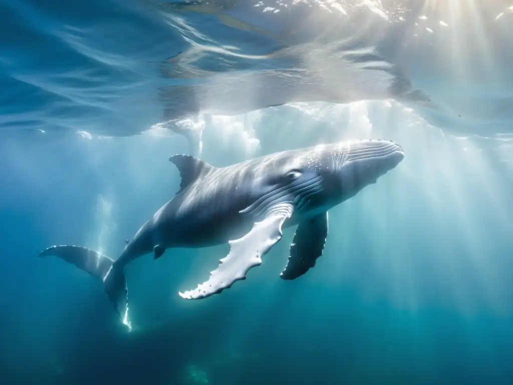 Una majestuosa ballena jorobada se desliza grácilmente bajo el agua cristalina, como joyería inspirada en cetáceos