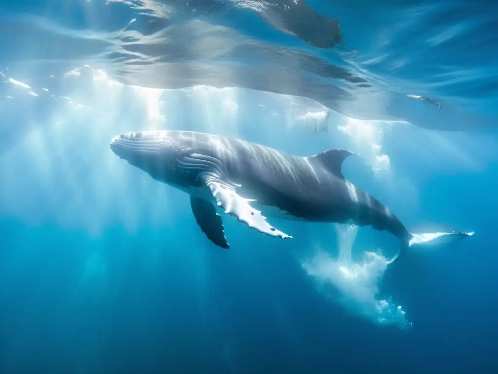 Una majestuosa ballena jorobada se desliza graciosamente bajo el agua cristalina del océano