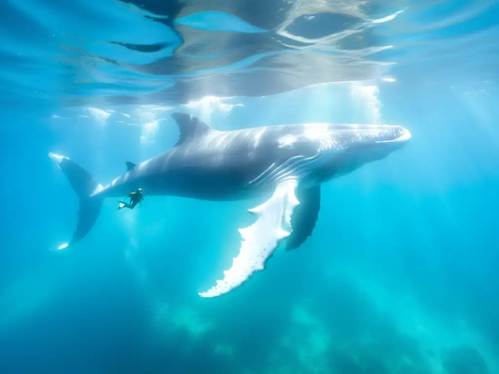 Una majestuosa ballena jorobada nada graciosamente en aguas turquesa cristalinas, mientras buceadores observan el espectáculo