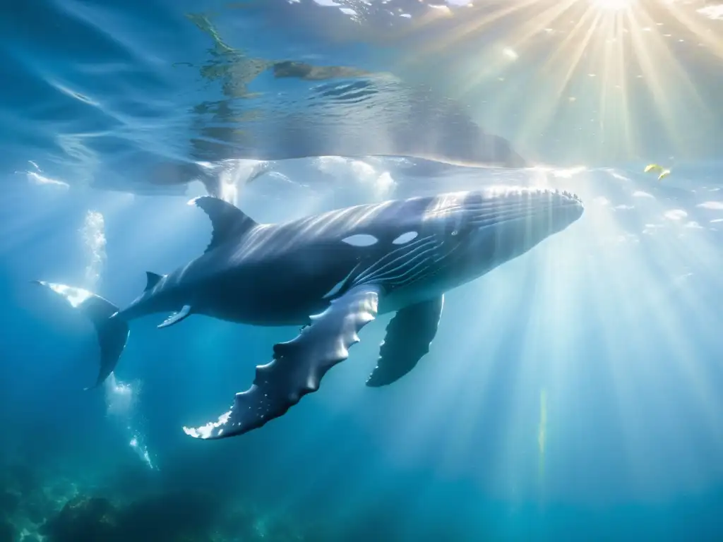 Una majestuosa ballena jorobada surcando las aguas oceánicas, rodeada de peces vibrantes y bañada por la luz dorada del sol