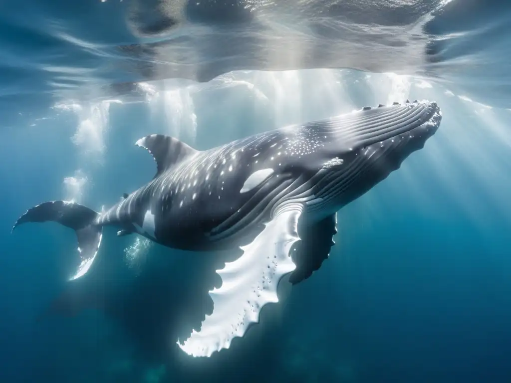 Una majestuosa ballena jorobada surcando aguas cristalinas, evocando la experiencia de bucear con ballenas en los mejores destinos