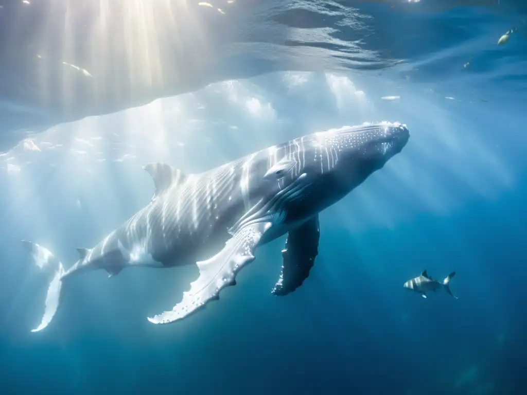 Una majestuosa ballena jorobada deslizándose por aguas cristalinas, rodeada de peces brillantes