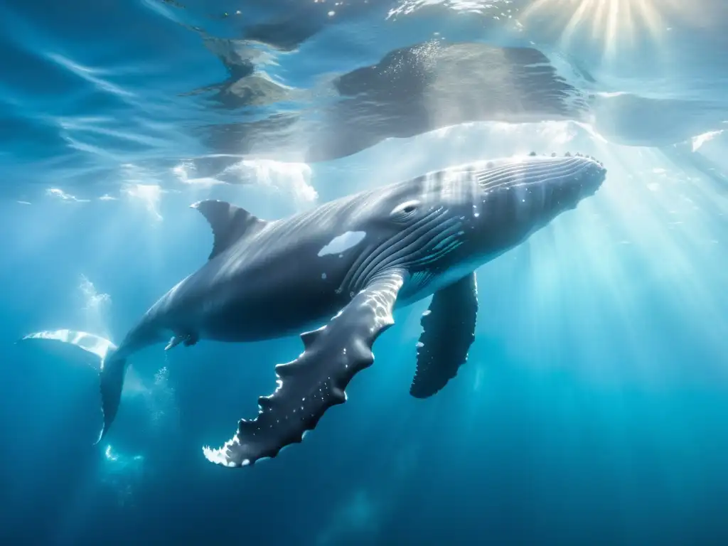 Una majestuosa ballena jorobada surcando las aguas del océano, rodeada de vida marina en un escenario iluminado por el sol