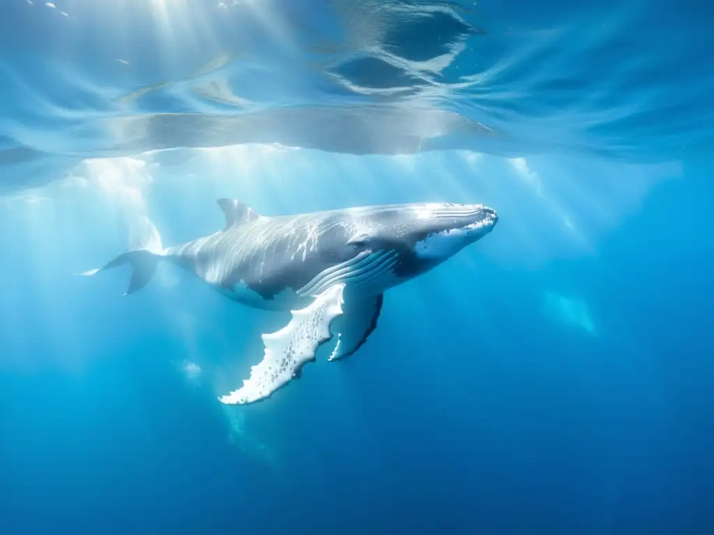 Una majestuosa ballena jorobada nada graciosamente en aguas cristalinas, con la luz del sol filtrándose desde la superficie