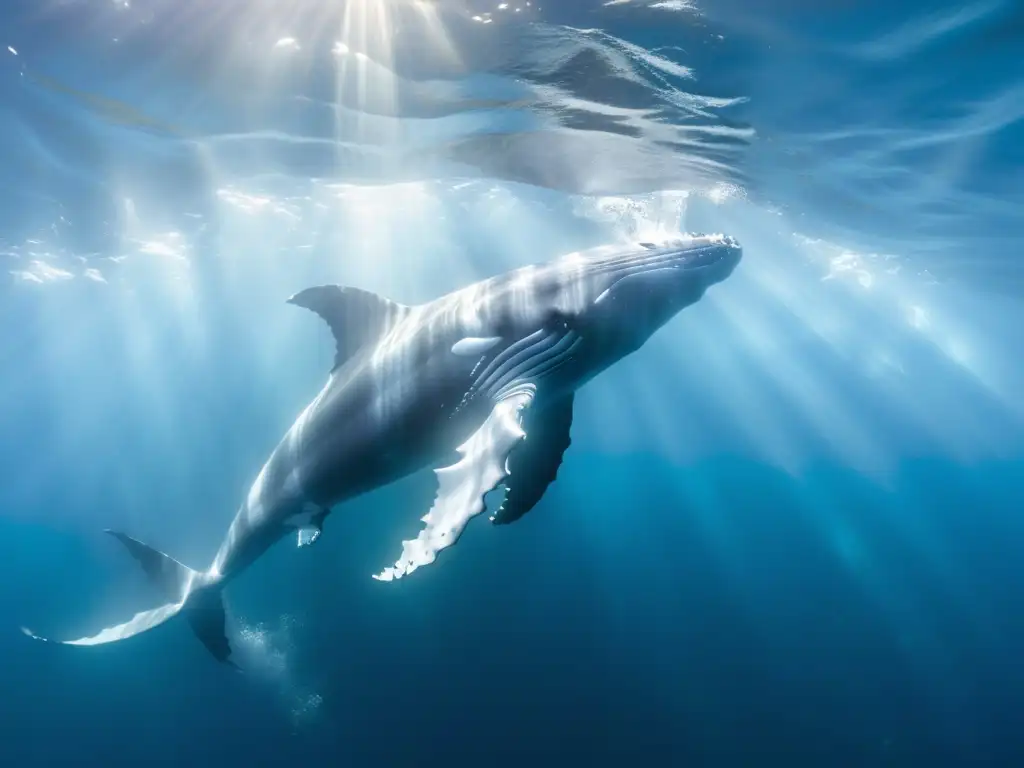 Una majestuosa ballena jorobada se desliza elegantemente en aguas cristalinas, rodeada de un enjambre de peces brillantes