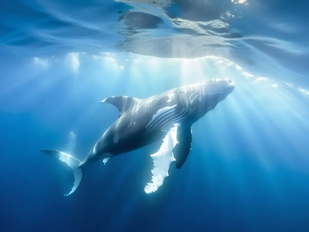 Una majestuosa ballena jorobada en su canto, rodeada de vida marina en aguas cristalinas