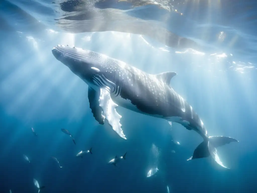 Una majestuosa ballena jorobada nada entre cardúmenes plateados bajo el sol, en un espectáculo de luz y sombra en su piel oscura