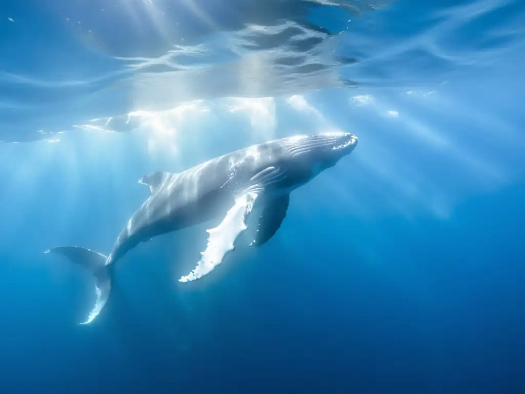 Espléndida imagen de una ballena jorobada en el océano Una majestuosa ballena jorobada se desliza grácilmente en el claro océano azul, iluminada por la luz del sol