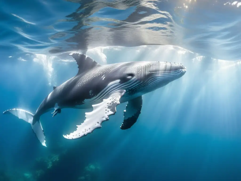 Una majestuosa ballena jorobada surcando las cristalinas aguas del océano, rodeada de una vibrante escuela de peces