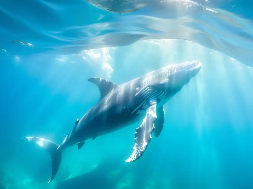 Una majestuosa ballena jorobada nada con gracia en aguas turquesas cristalinas, mientras la luz del sol ilumina su imponente cuerpo