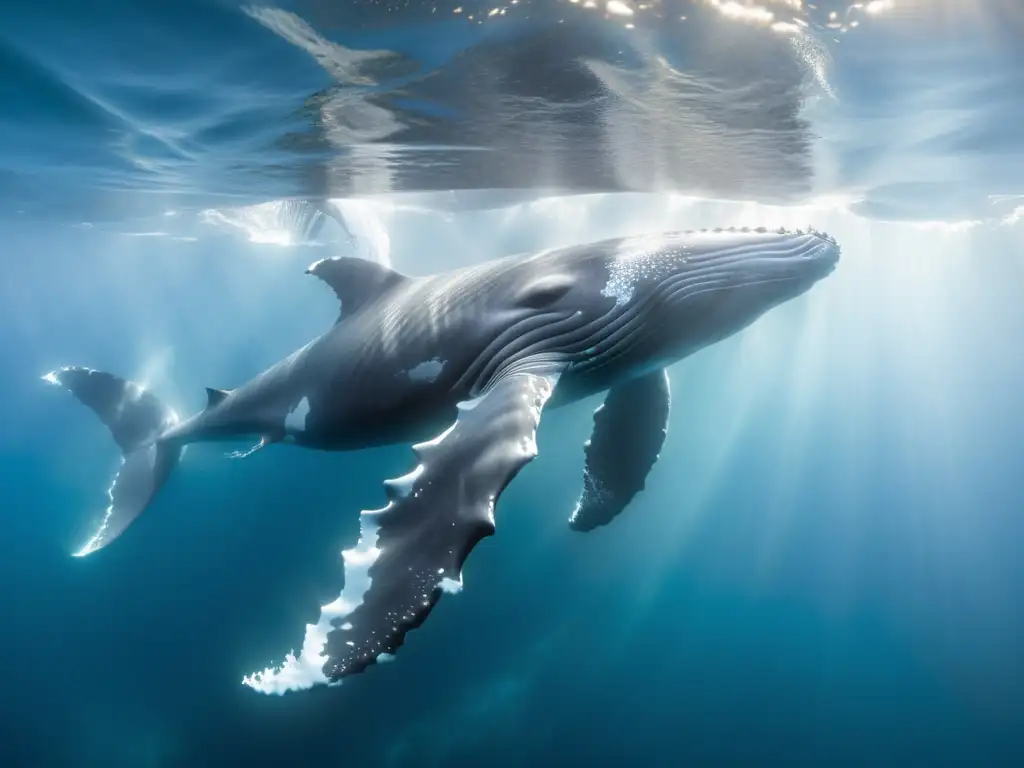 Una majestuosa ballena jorobada nada con gracia en aguas cristalinas, capturada con impresionante claridad