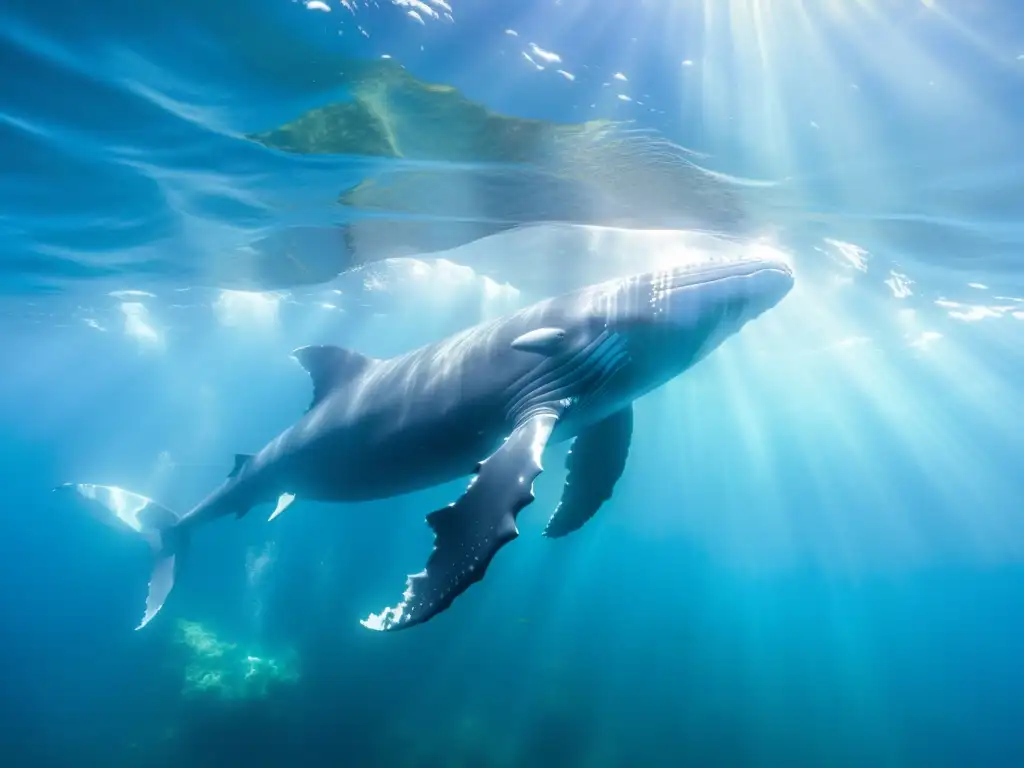 Una majestuosa ballena jorobada nada grácilmente en aguas cristalinas, rodeada de vida marina