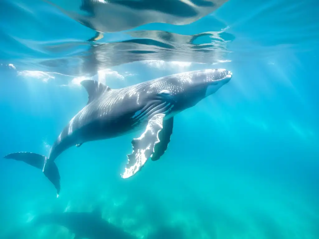 Una majestuosa ballena jorobada nada grácilmente en aguas turquesas, creando un ambiente sereno y marino