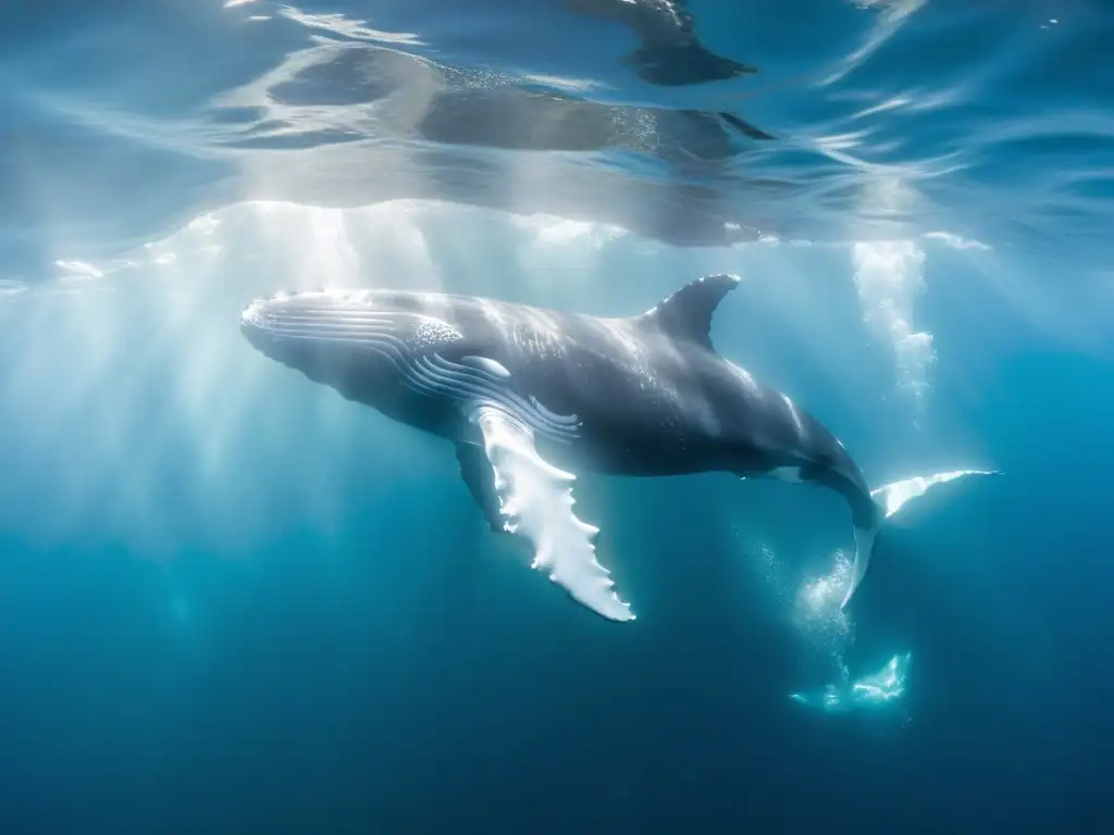 Una majestuosa ballena jorobada nada grácilmente en aguas cristalinas, creando una sensación de tranquilidad y asombro