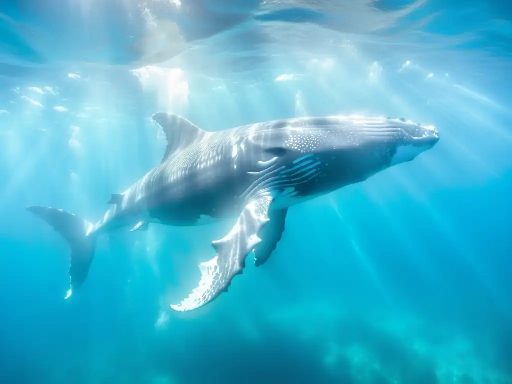 Una majestuosa ballena jorobada nada grácilmente en aguas turquesas cristalinas mientras los rayos de sol crean un resplandor etéreo