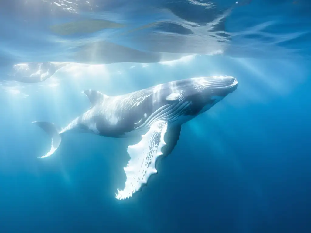 Una majestuosa ballena jorobada nada grácilmente en aguas cristalinas, mostrando la importancia del avistamiento de ballenas en su ecosistema marino