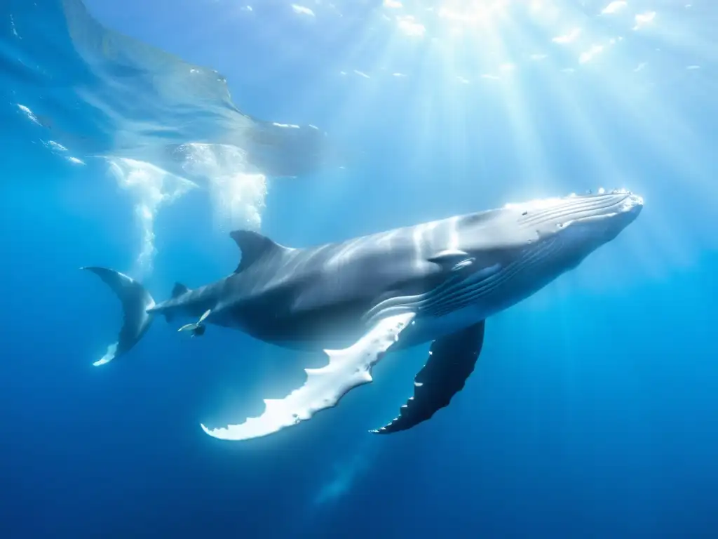 Una majestuosa ballena jorobada nada grácilmente junto a coloridos peces tropicales en aguas cristalinas