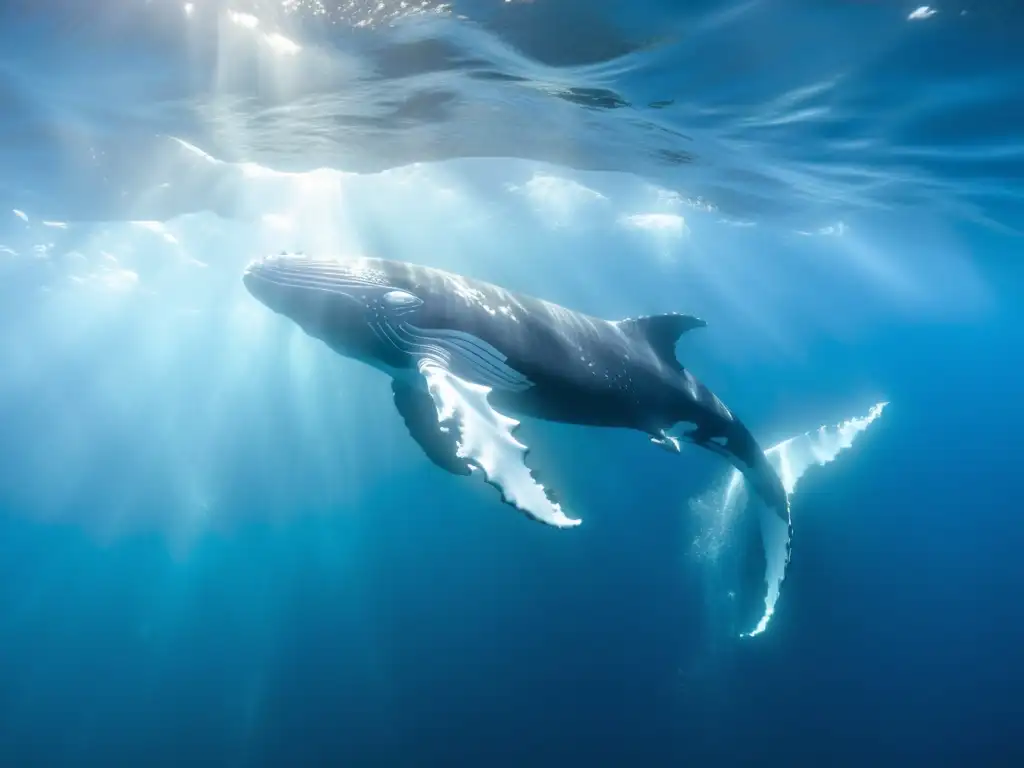 Una majestuosa ballena jorobada nada grácilmente entre aguas cristalinas, rodeada de vida marina diversa