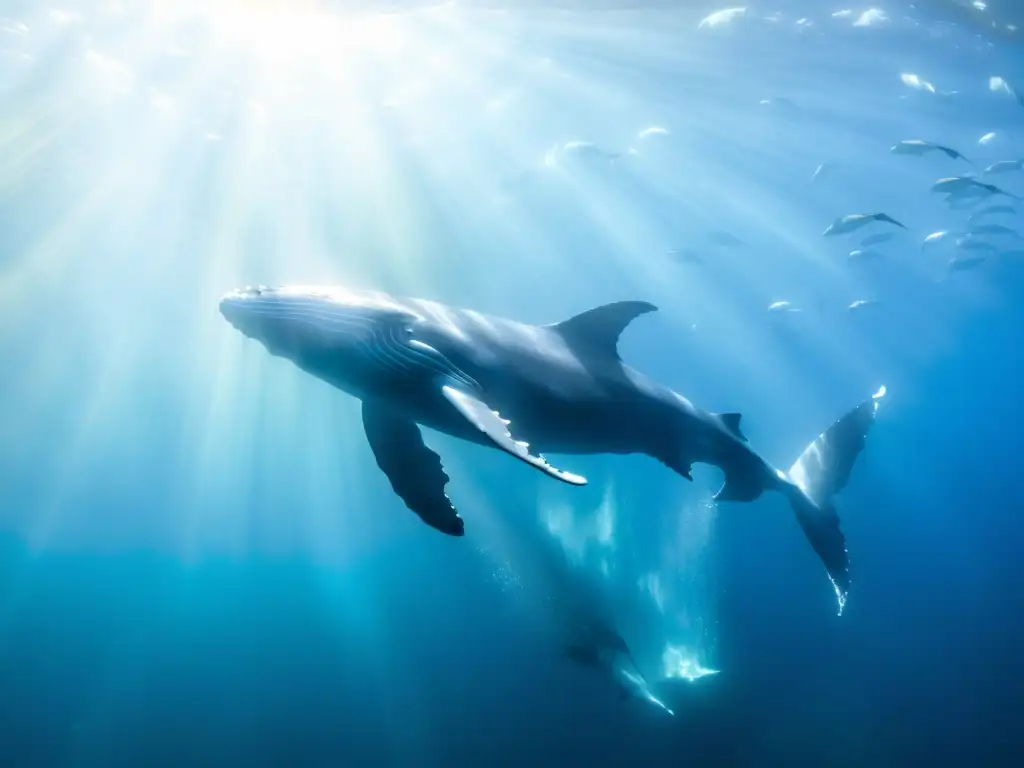 Una majestuosa ballena jorobada nada grácilmente entre peces brillantes en aguas cristalinas