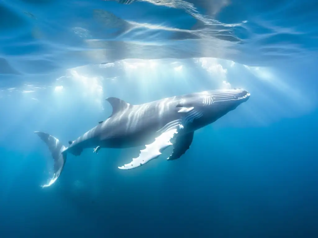 Una majestuosa ballena jorobada nada junto a un buceador en aguas cristalinas del Pacífico Sur, creando una escena impresionante