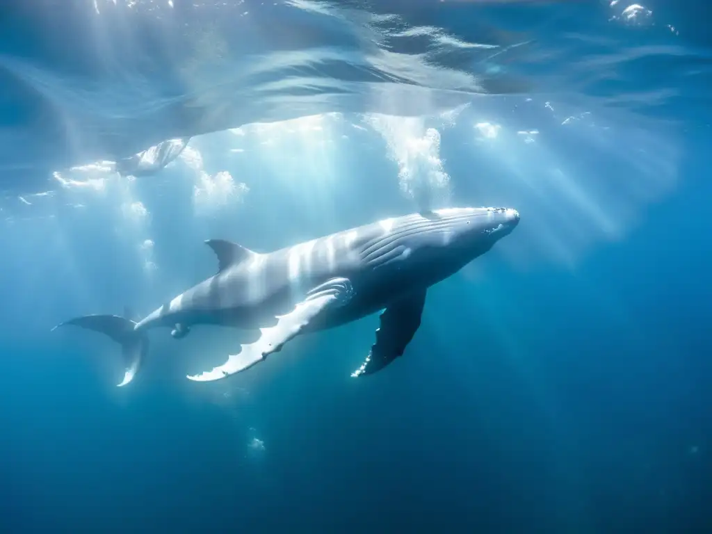 Una majestuosa ballena jorobada nada junto a buceadores en un impresionante paisaje submarino