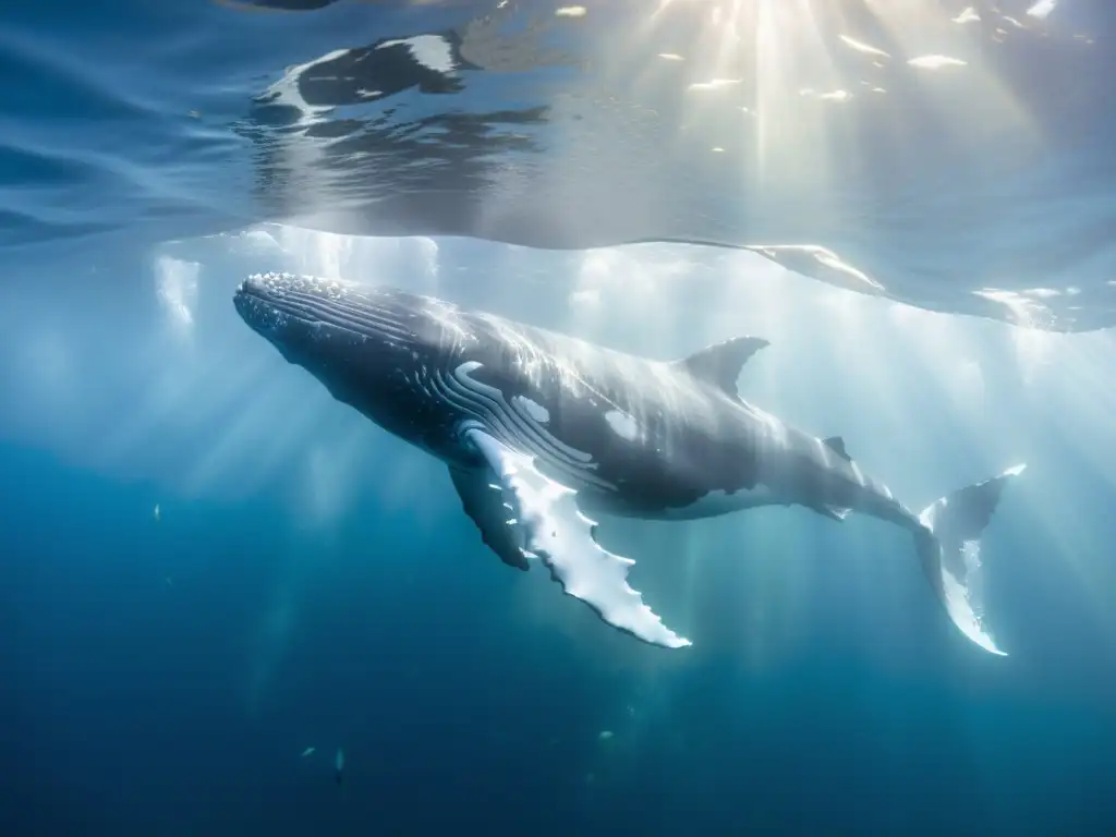 Una majestuosa ballena jorobada nada elegantemente entre aguas polares cristalinas, rodeada por una escuela de relucientes peces y bañada por la suave luz etérea del sol ártico, creando una escena fascinante que captura la belleza y el equilibrio del