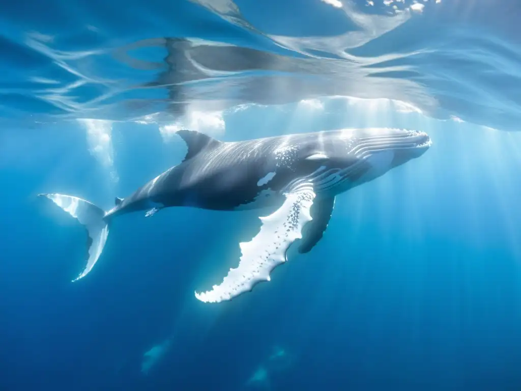 Una majestuosa ballena jorobada nada grácilmente bajo el agua, rodeada de vida marina en un mar cristalino