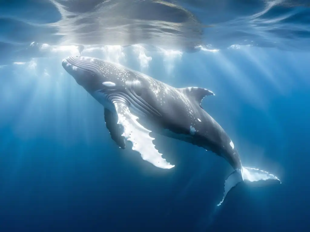 Majestuosa ballena jorobada embarazada en el océano Una majestuosa ballena jorobada nadando en el océano, resplandeciendo bajo el sol