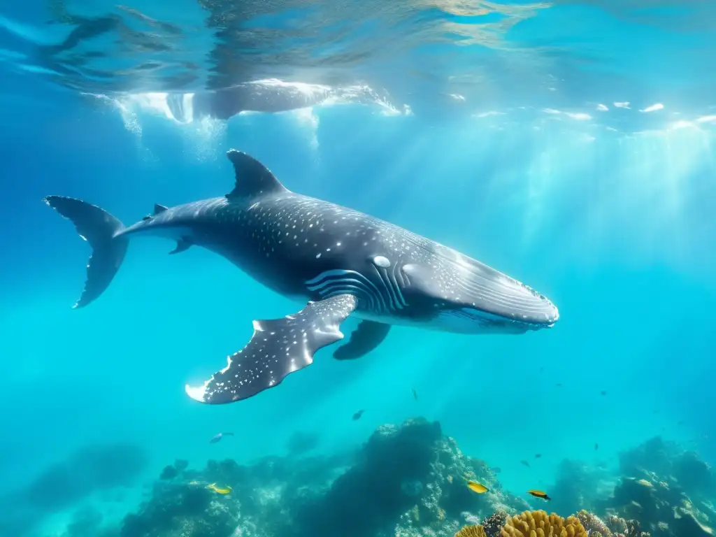 Una majestuosa ballena jorobada nada entre la vida marina, emitiendo sus cantos hipnóticos