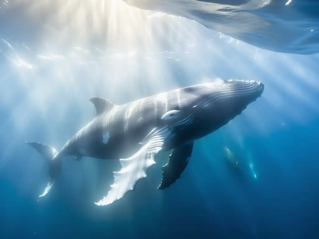 Majestuosa madre ballena rodeada de peces en el océano Una majestuosa ballena madre nada graciosamente en el océano, rodeada por un banco de peces brillantes mientras la luz del sol ilumina su piel