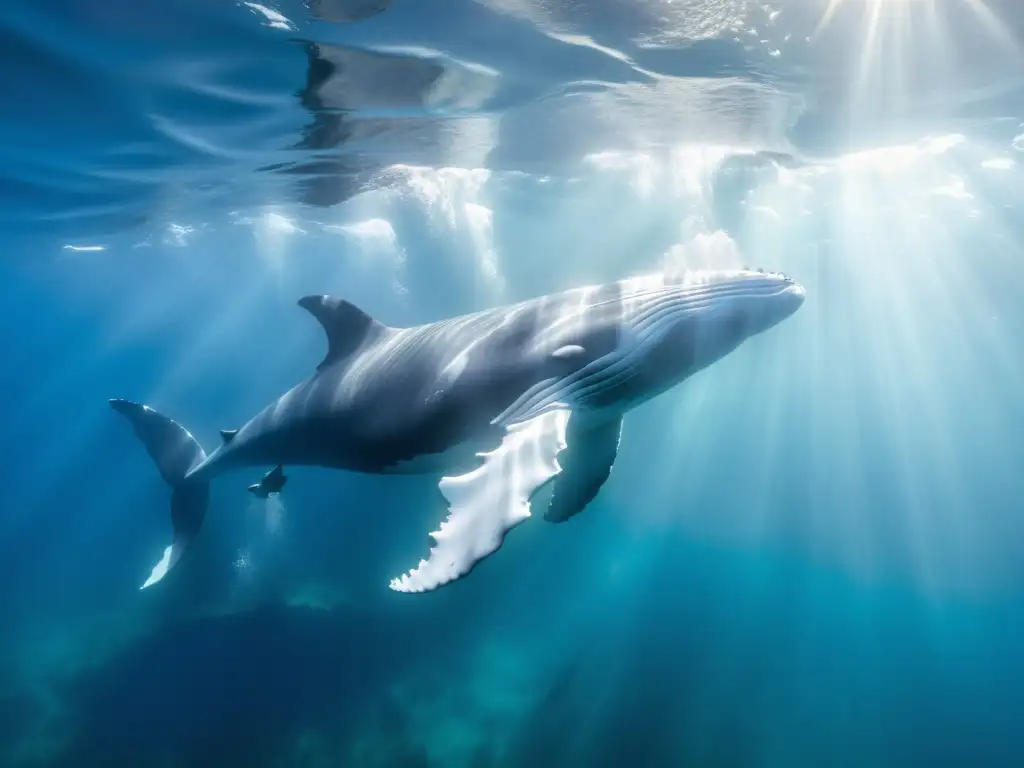 Una majestuosa pod de ballenas surcando las aguas cristalinas del océano, capturadas en detalle para la conservación de cetáceos con drones