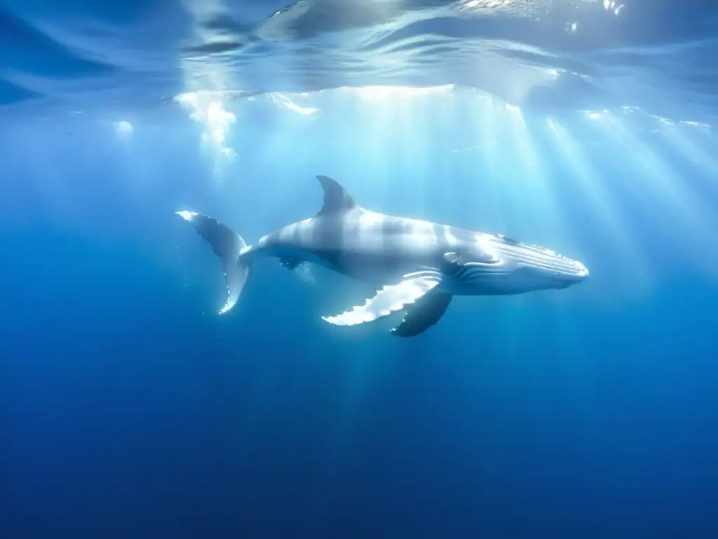 Una majestuosa pod de ballenas jorobadas nada en el océano azul profundo, rodeadas de vida marina