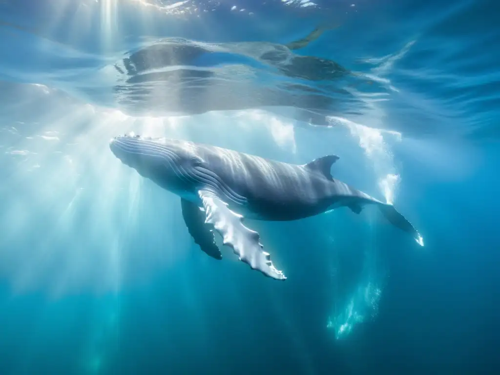 La majestuosa belleza del avistamiento de ballenas: un encuentro mágico con un ballenato jorobado en las cristalinas aguas oceánicas, rodeado de flora y fauna acuática, iluminado por el sol