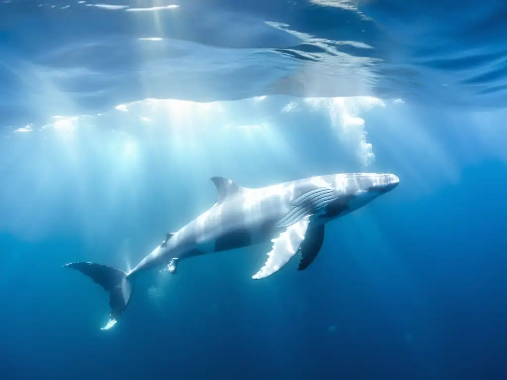 Una majestuosa danza submarina de ballenas jorobadas en hábitat natural, deslizándose elegantes en el océano cristalino