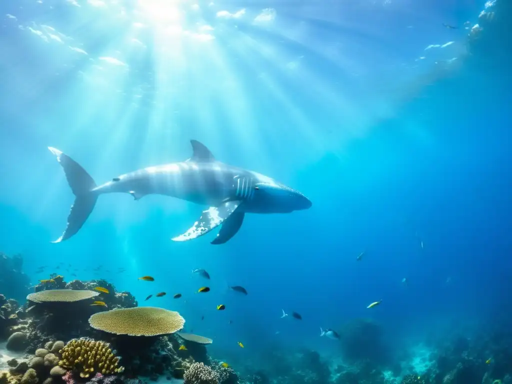 Una majestuosa escena submarina con un arrecife de coral rebosante de vida, peces coloridos y una ballena jorobada rodeada de tranquilidad