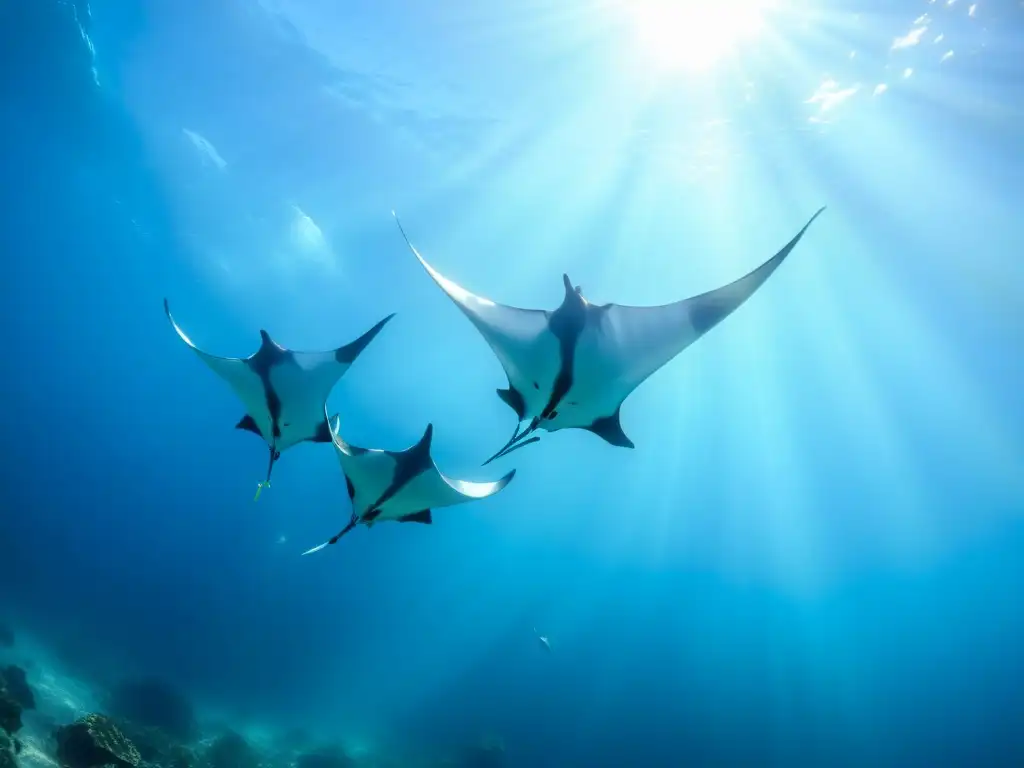 Una majestuosa escena submarina con mantarrayas interactuando en un arrecife de coral, creando un espectáculo de vida marina