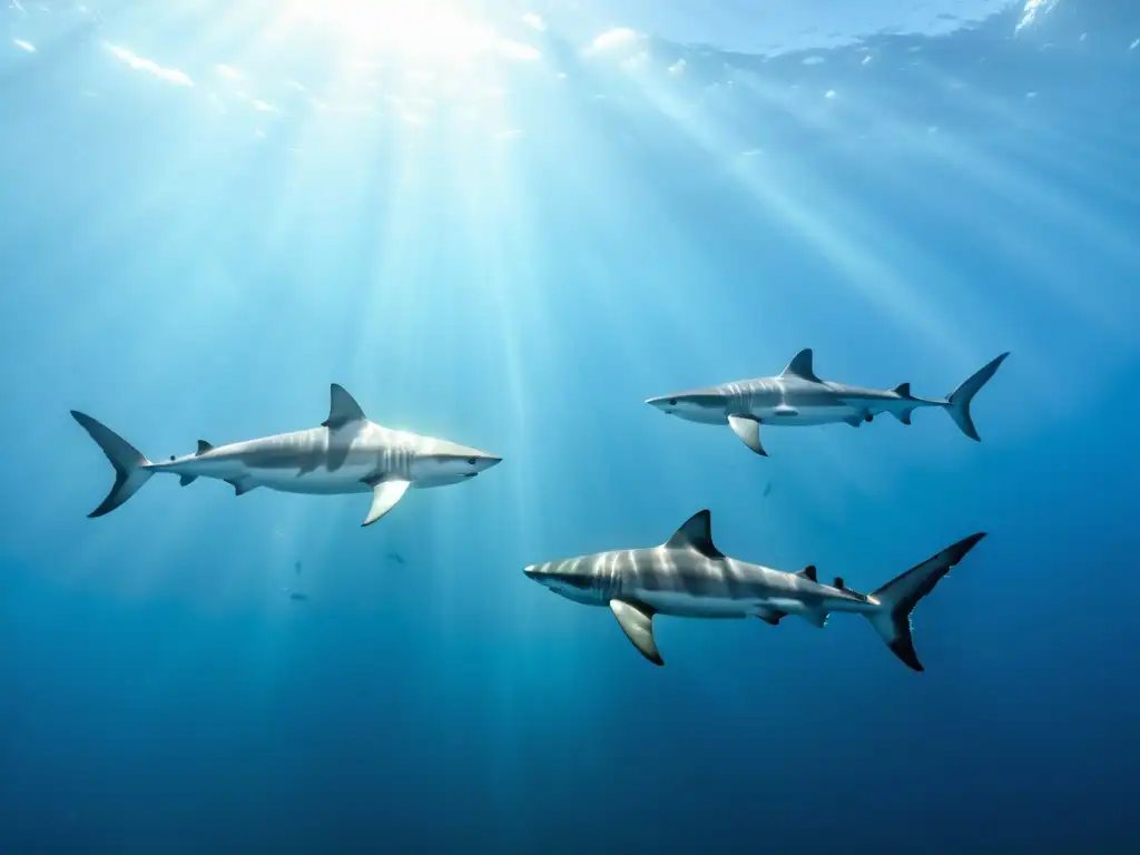 Espectacular migración de tiburones con tecnología de seguimiento satelital Una majestuosa escuela de tiburones nada en formación perfecta en aguas cristalinas, con el brillo del sol iluminando sus cuerpos poderosos