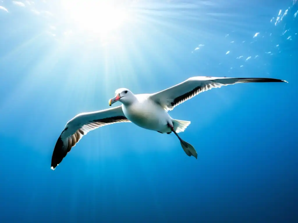 Una majestuosa foto submarina de un albatros errante surcando las aguas cristalinas del océano, rodeado de peces iridiscentes