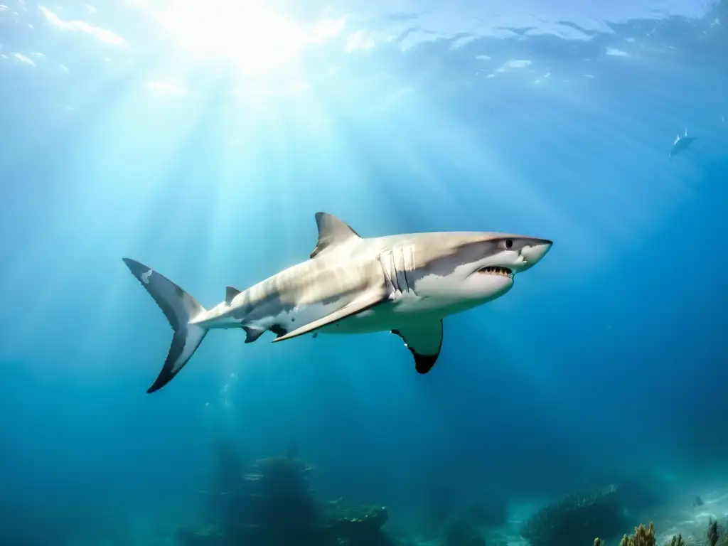 Una majestuosa foto submarina con un gran tiburón blanco nadando en Isla Guadalupe, exhibiendo la impresionante biodiversidad marina