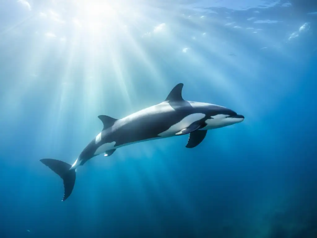 Una majestuosa imagen de orcas nadando en aguas cristalinas, iluminadas por el sol