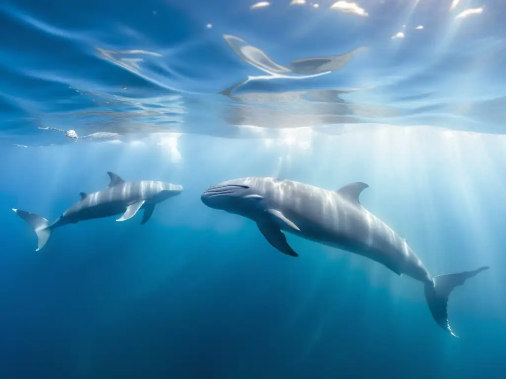 Una majestuosa imagen submarina de un grupo de impresionantes cachalotes nadando graciosamente en aguas cristalinas