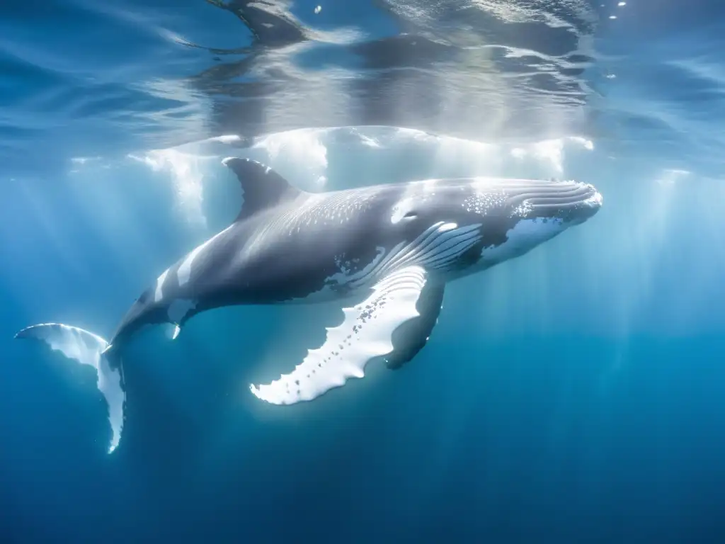 Una majestuosa joyería inspirada en cetáceos: humpback whales nadando en aguas cristalinas, iluminadas por la luz del sol