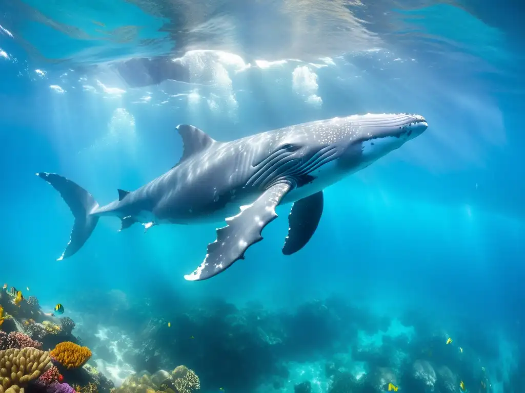 Una majestuosa manada de ballenas jorobadas nadando elegantemente en aguas turquesas cristalinas, rodeadas de arrecifes de coral vibrantes y cardúmenes de peces coloridos