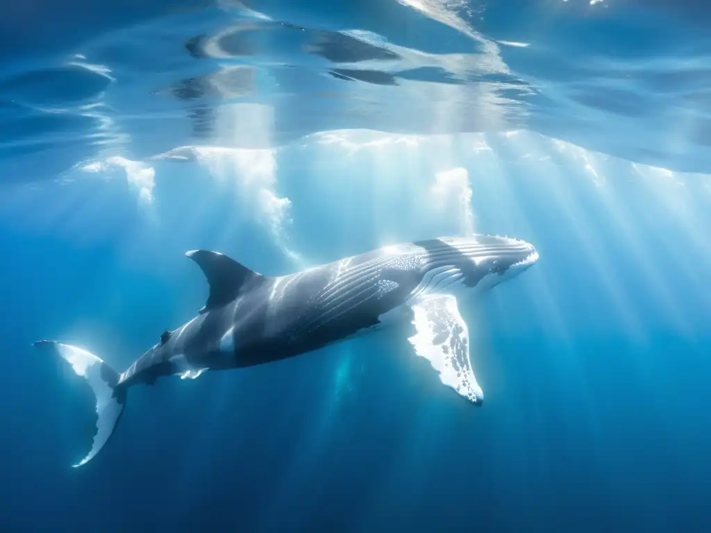 Una majestuosa manada de ballenas jorobadas nada grácilmente en aguas cristalinas, con la luz del sol danzando a su alrededor