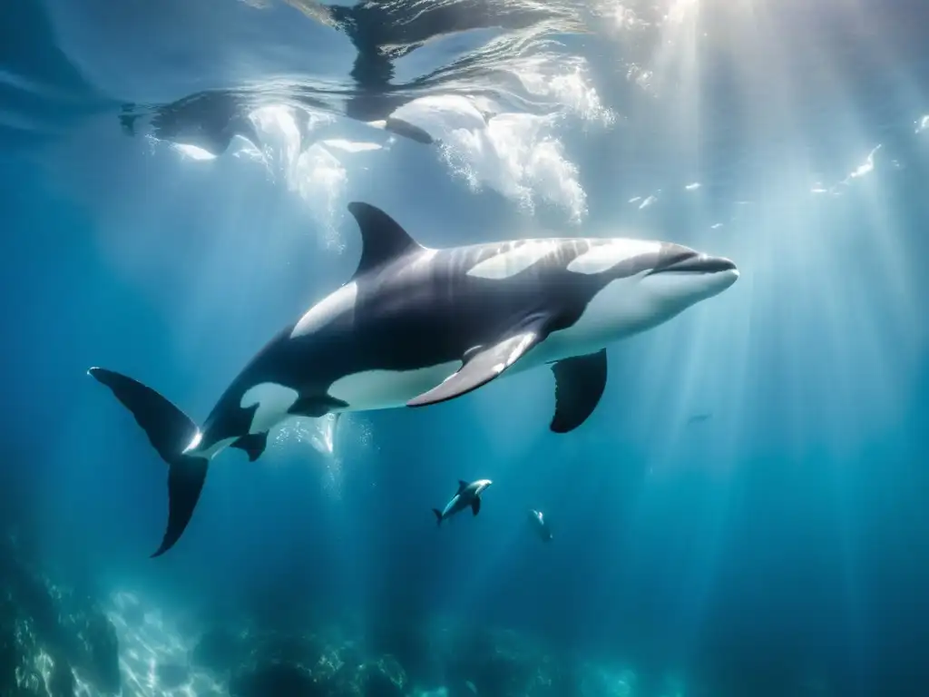 Una majestuosa manada de orcas surca las aguas cristalinas, rodeada de vida marina vibrante