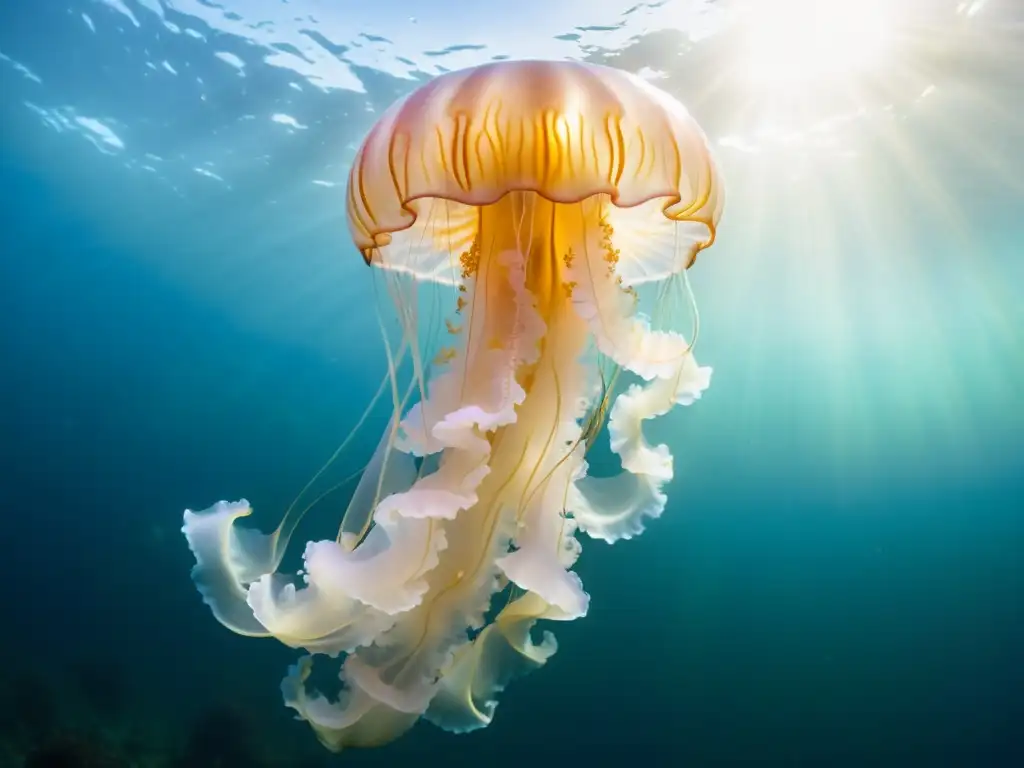 Majestuosa migración marina oceánica de la Medusa Nomura, iluminada por el sol filtrado