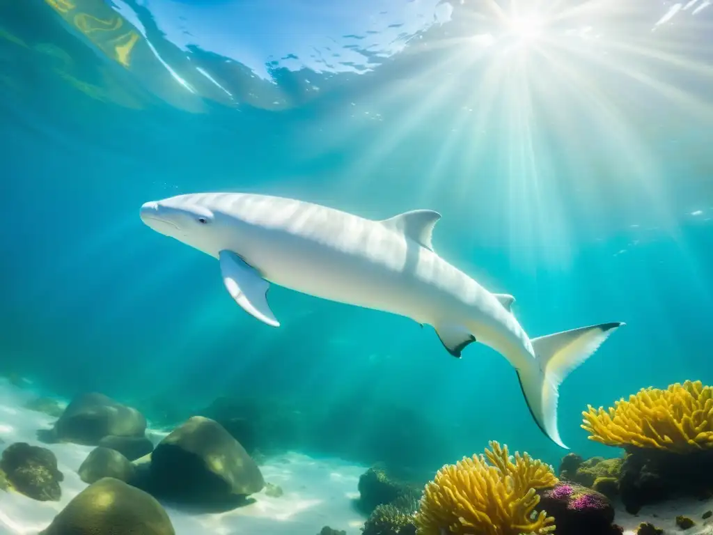 Una majestuosa esturión beluga nada elegantemente en aguas cristalinas, rodeada de flora y fauna marina